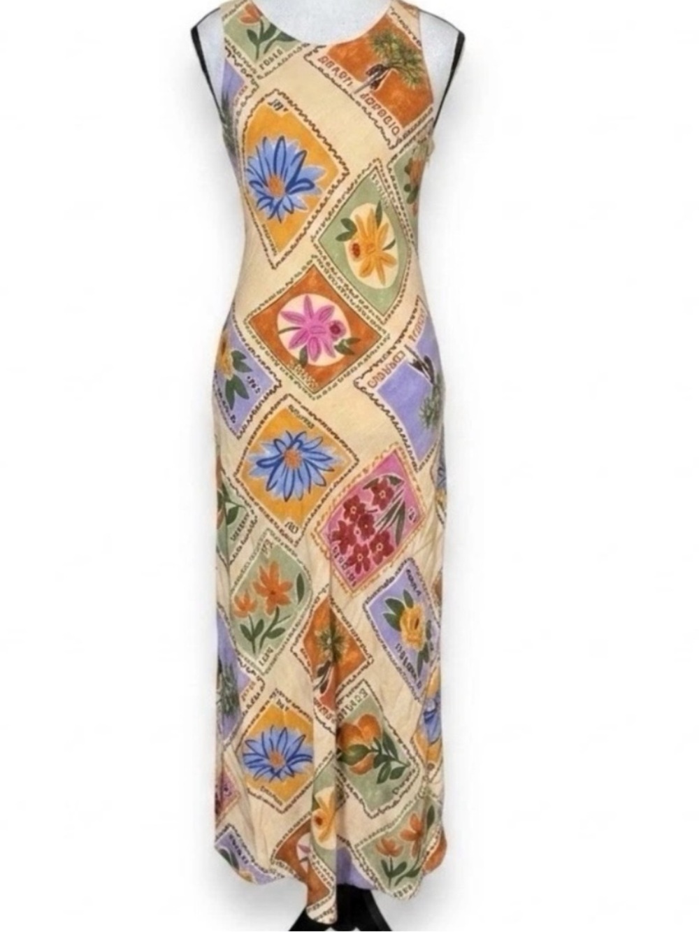 Paper Heart Maxi Sleeveless Sun Dress Small Floral Stamp Open Back Yellow Linen